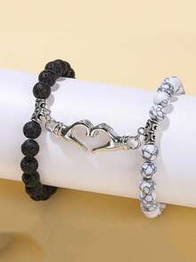 2pcs/Set Natural Volcanic Stone & Turquoise Magnetic Couple Bracelet, Fashionable Luxury Minimalist Design, Suitable For Daily Wear Or Gift - Couple Bracelet - View 1