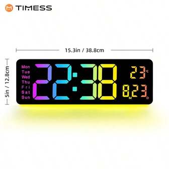 TIMESS Large Colorful LED Wall Clock With Big Numbers, Temperature, Date & Ambient Backlight – Multi-Color Display