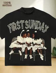 First Sunday Graphic T-Shirt - Vintage Washed Cotton Crew Neck Tee Retro Summer Breathable Short Sleeve Shirt Unique Art - màu đen - Xem 1