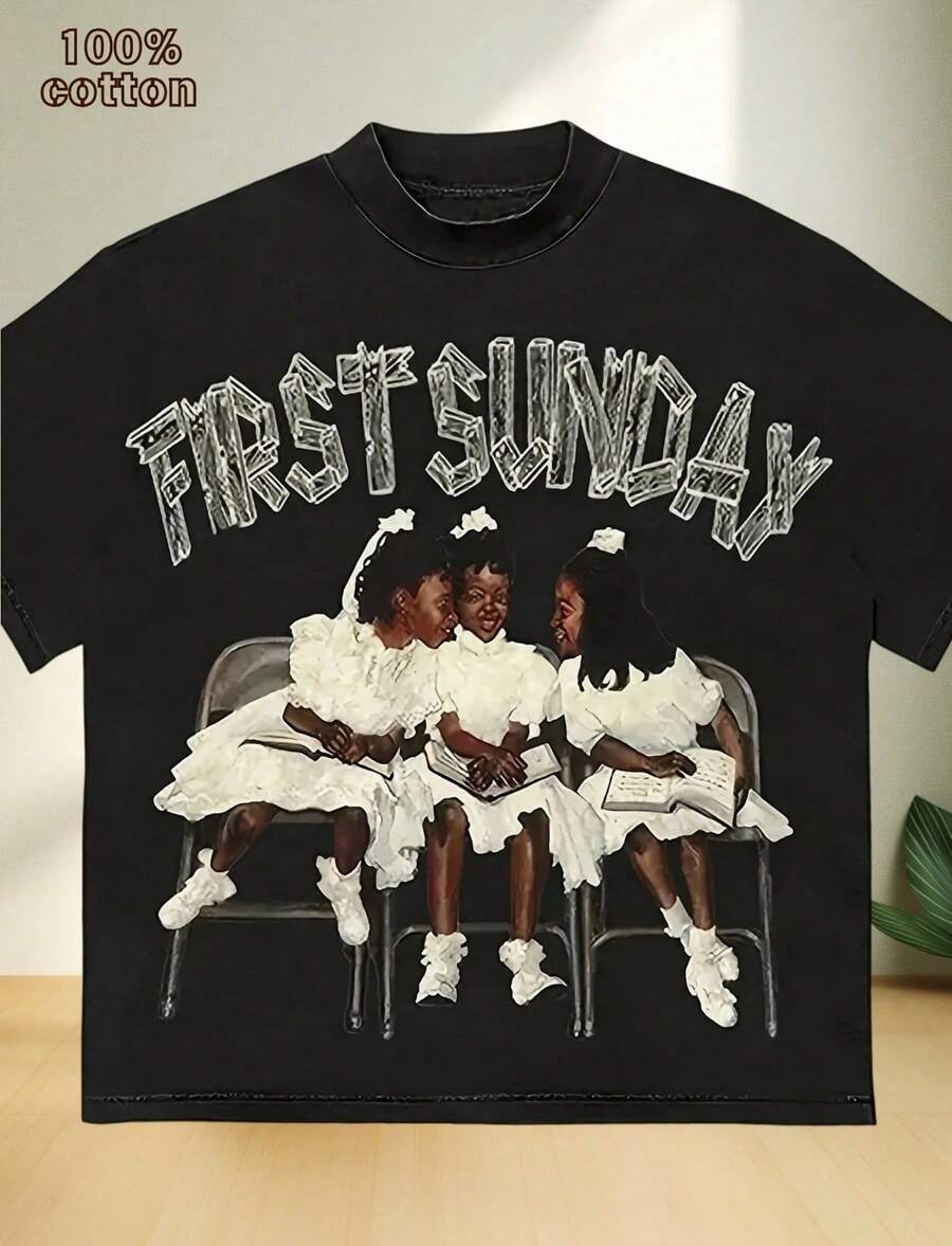 First Sunday Graphic T-Shirt - Vintage Washed Cotton Crew Neck Tee Retro Summer Breathable Short Sleeve Shirt Unique Art - màu đen - Xem 1