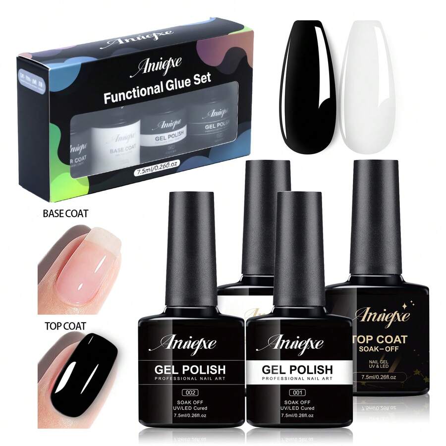 Set de 4 Piezas Esmalte de Uñas en Gel: Base Coat + Top Coat + Esmaltes de Color Negro y Blanco, Duradero y Brillo Intenso para Manicura Profesional en Casa