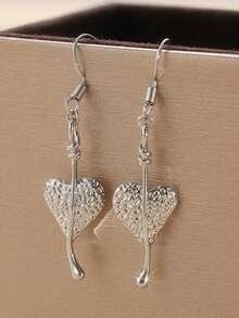 Vintage Handcrafted Asymmetrical Leaf Heart Pendant Earrings, Bohemian Style For Travel, Party, And Daily Wear - Silver - View 8