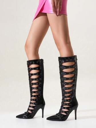 Botas altas de tacón alto con puntera puntiaguda y diseño calado de moda para mujer