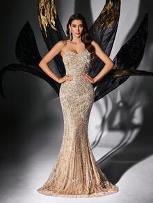 Đầm dạ hội sang trọng đính sequin và hạt cườm dành cho nữ, kiểu đuôi cá, thích hợp cho tiệc cocktail, dạ tiệc, tiệc cưới, lễ đính hôn, tiệc maxi. - Rượu sâm banh - Xem 5