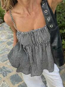 VIVINA 女式简约格子荷叶边下摆吊带背心，度假风格