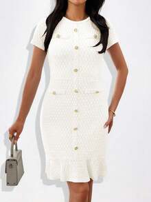 Unadoll Women's Spring Round Neck Short Sleeve Dress With Fake Pockets And Decorative Buttons, Elegant And Fashionable, Suitable For Party, Date, Commute, Birthday, Valentine's Day And Other Occasions - White - View 7