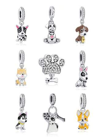 1pc Silver-Plated Cubic Zirconia Pet Dog Animal Beaded Pendant, Suitable For DIY Bracelet, Necklace, Women's Holiday/Birthday Gift