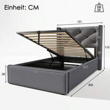 Lit Simple Hydraulic Rembourré 90x200cm, Sommier à Lattes En Métal, Cadre De Lit Moderne With Space De Rangement, Cotton, Gris - 灰色 - 查看 6