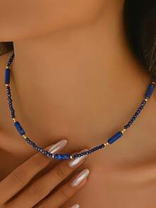 1 chiếc vòng cổ đá Lapis Lazuli hiệu National Elegance dành cho nữ, kiểu dáng choker đính hạt pha lê, đa năng và có thể đeo nhiều lớp, là món quà trang sức lý tưởng để đeo hàng ngày. - vòng cổ - Xem 9