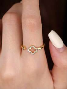 1枚925纯银镀14K金四叶草立方氧化锆戒指，精致银戒指，适合日常佩戴，送给女朋友的礼物 - 金色 - 查看 5