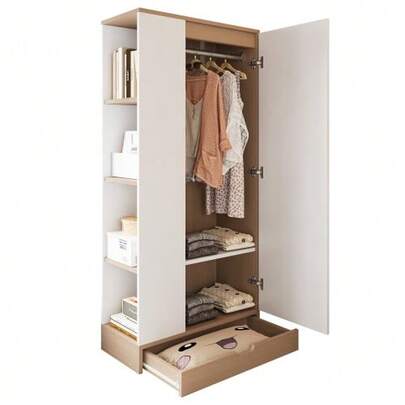 Wardrobe 70 X 40 X 170 Cm, Single-Door Model, With Shelves And Drawers, Pure White