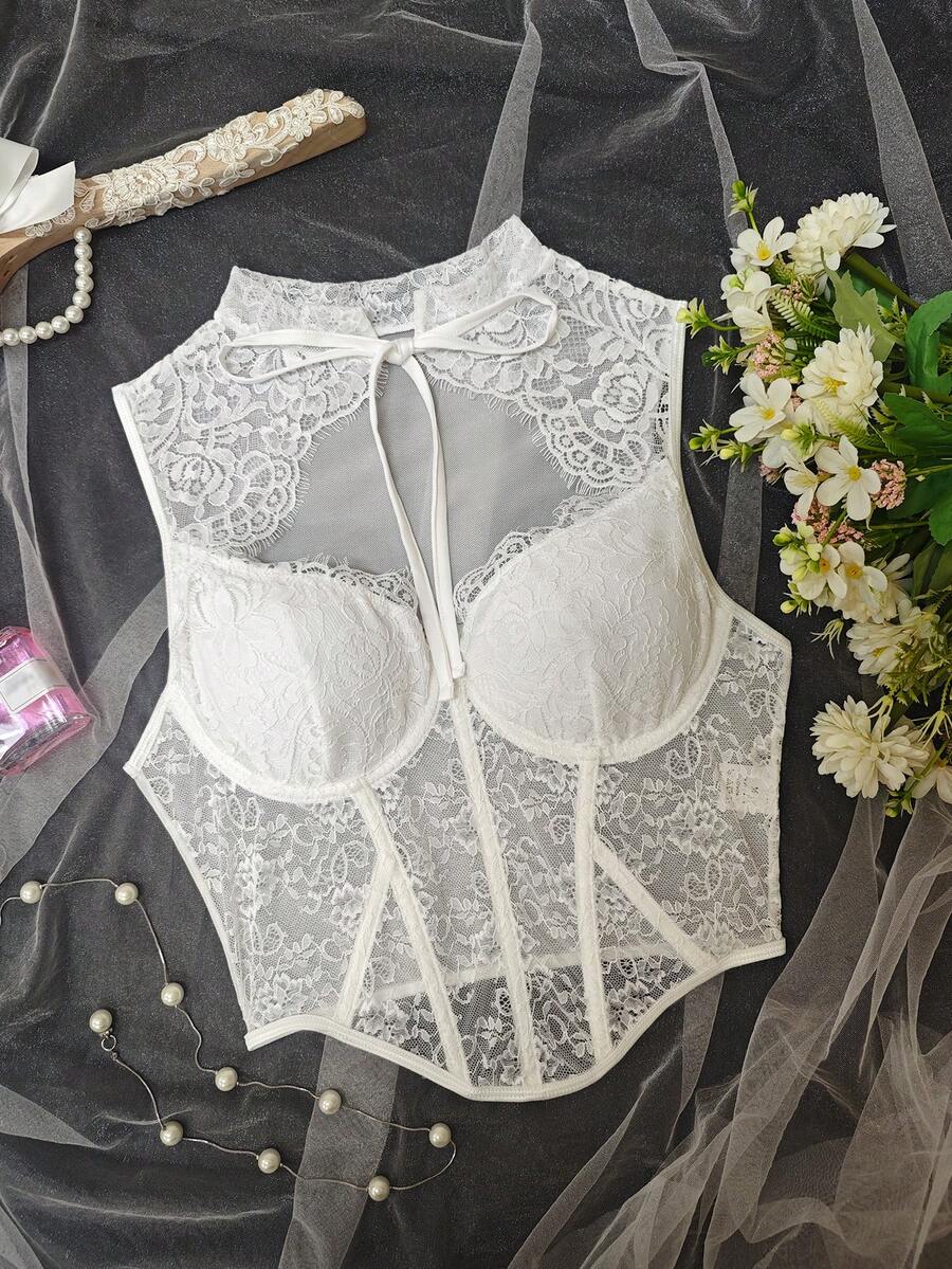 EZNV 1pc White Lace Patchwork Fishbone Corset Top, Waist Cincher Bustier