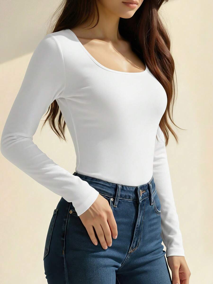 1件女士纯色方领修身长袖上衣，百搭休闲简约T恤，柔软舒适，适合秋冬季叠穿 - 白色 - 查看 1