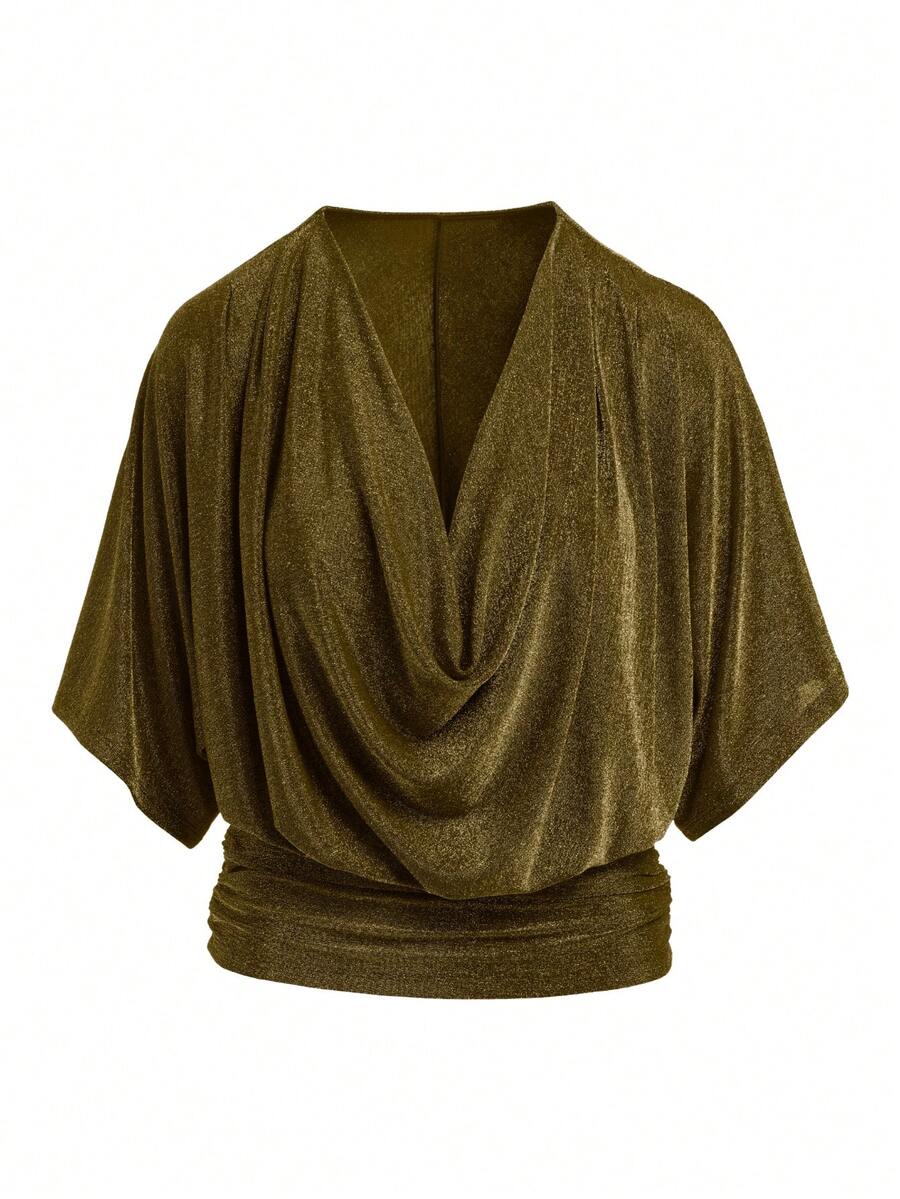 Plus Size Women Knitted Loose Batwing Sleeve T-Shirt, Draped Hem Tunic Top - Gold - View 1