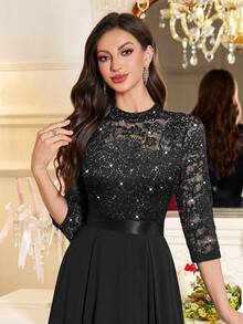 MIUSOL Đầm xòe chiffon tay lửng 3/4 cổ cao đính sequin và ren hoa, kiểu dáng thanh lịch dành cho nữ, thích hợp dự tiệc cưới, lễ tốt nghiệp, tiệc tối trang trọng và các dịp khác, màu đen cho ngày Valentine mùa xuân. - màu đen - Xem 12