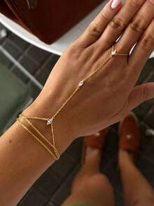 Bộ vòng tay nhiều lớp đính đá Cubic Zirconia lấp lánh tinh tế, dây chuyền kim loại đính đá, nhẫn liên kết nhiều lớp đính kim cương dành cho nữ, thích hợp làm quà tặng kỷ niệm, ngày Valentine, quà tặng trang sức, dự tiệc hàng ngày (Vui lòng không đeo khi tắm, có thể có sự khác biệt nhỏ giữa sản phẩm thực tế và hình ảnh, sản phẩm thực tế sẽ được ưu tiên). - Vàng - Xem 2