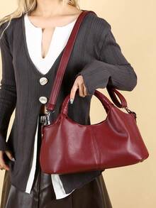 New Vintage PU Leather Women Handbag, Fashion Zipper Shoulder Bag With Detachable Strap, Women Work Travel 2-In-1 Bag, Gray, Black, Green