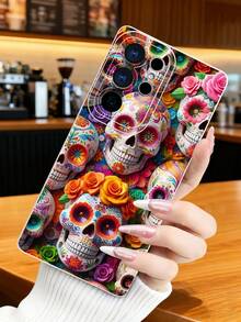 1 pieza Funda de teléfono con diseño de calaveras decoradas con flores coloridas en estilo tradicional mexicano, ideal para Día de Muertos y celebraciones culturales, moda urbana creativa, protección elevada para lente con diseño de ojo, resistente a golpes, compatible con iPhone17 ProMax/16/15/14/13/12/11/Plus/Pro/ProMax, compatible con Galaxy A34/A35/A54/A55, Galaxy S20/S21/S22/S23/S24/S25 Ultra/Plus, compatible con Galaxy/Redmi/Honor/OPPO/ViVo - Blanco - Ver 2