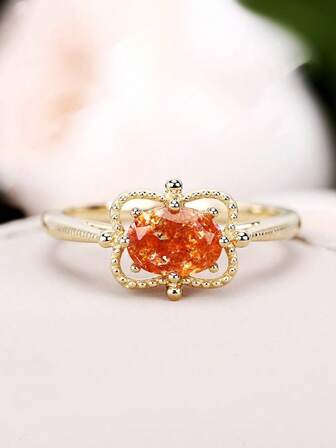 1Pc Vintage Gold-Tone Orange Zirconia Ring For Women Valentine Gift And Daily Wear