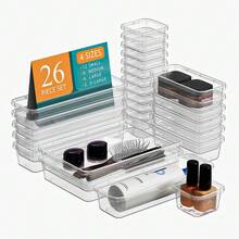 「5/7/14/18/24/26 Pc Clear Plastic Drawer Organizer Set - Durable PP Material」4 Sizes In Drawer Trays For Bathroom, Office, Kitchen Cabinet & Vanity Organizers, Desk Bins For Jewelry, Cosmetic, Utensil PP Construction For Back To School/Dormitory Storage & Festive Gift Ideas - 透明26pc抽屜收納盒 - 查看 1