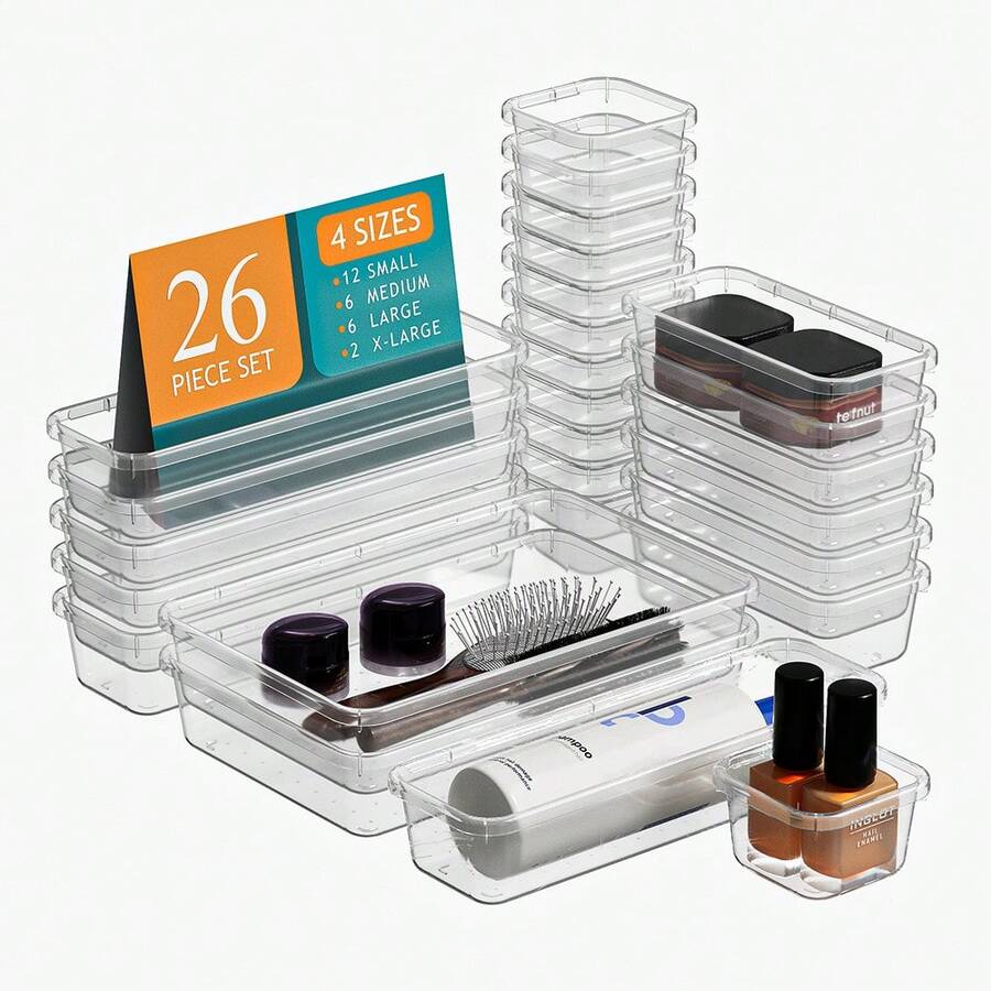 「5/7/14/18/24/26 Pc Clear Plastic Drawer Organizer Set - Durable PP Material」4 Sizes In Drawer Trays For Bathroom, Office, Kitchen Cabinet & Vanity Organizers, Desk Bins For Jewelry, Cosmetic, Utensil PP Construction For Back To School/Dormitory Storage & Festive Gift Ideas - 透明26pc抽屜收納盒 - 查看 1