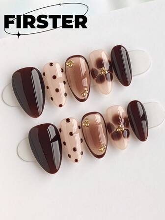 10pcs Almond Handmade Press On Nails,Short Nails,Nail Supplies,Brown Nails,Sweet And Cute Nails,Winter Press On Nails,Hand-Painted,Poly Gel Nail Kit,Polka Dot Nails,Acrylic Press On Nails,Suitable For Parties, Celebrations, Daily Wear, Includes Tools, Ideal Gift For Women And Girls