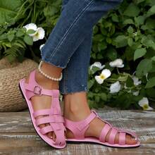 New Woven Retro Pig Cage Sandals For Women, Flat, Fashion, Versatile, Summer - Watermelon Pink - View 15