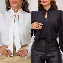 Elegant Women's Formal Blouse, V-Neck With Bow, Embroidered Lace Blouse, Cuffed Sleeve Blouse, Women's Lace Tops - 白色和黑色2件 - 查看 1