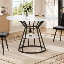 Round Dining Table (1 Piece), Kitchen Table, Breakfast Table, Metal Legs, Gold/Black Marble Pattern - Black - View 9
