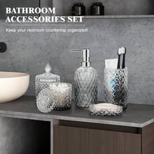 5-Piece Diamond-Cut Glass Bathroom Accessories Set, Rust-Proof Toothbrush Holder & Soap Dispenser, Tumbler & Cotton Jar, Modern Crystal Bathroom Decor - Back To School Gift For Dorm, Housewarming Gift - 彩色 - 查看 6