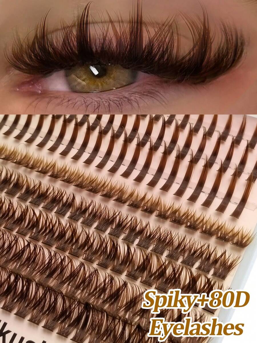 Rikuaild 160pcs Brown Pointed False Eyelashes & 80D Cluster False Eyelashes, D-Curl Lengthening, Natural Look, Suitable For Travel & Everyday Makeup, Individual Lashes, DIY Lash Extension At Home - D - 查看 1