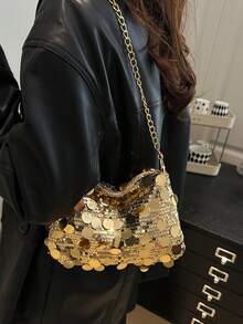 1pc Sequin Shoulder Bag, Fashion Crossbody Bag, Evening Clutch Purse For Women, Suitable For Party And Daily Use , Sequin - Gold - View 3