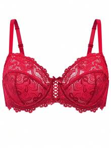 Wingslove Plus Size Lace Bra, Full Coverage Wireless & Unpadded Comfortable Bra, Suitable For Valentine's Day - Red - View 7