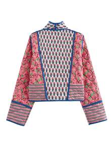 Women's Reversible Floral Quilted Jacket Cropped Puffer Cardigan Open Front Lightweight - Red - View 4