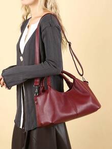 New Vintage PU Leather Women Handbag, Fashion Zipper Shoulder Bag With Detachable Strap, Women Work Travel 2-In-1 Bag, Gray, Black, Green