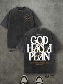 God Has A Plan Religious Graphic Tee,Funny,Ble-Sided Washed,Y2k,Streetwear2025 - 黑色 - 查看 1