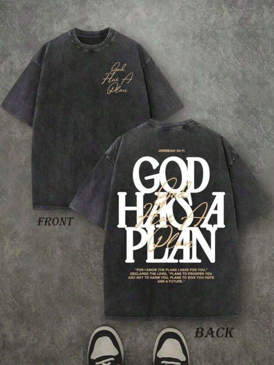 God Has A Plan Religious Graphic Tee,Funny,Ble-Sided Washed,Y2k,Streetwear2025 - 黑色 - 查看 1