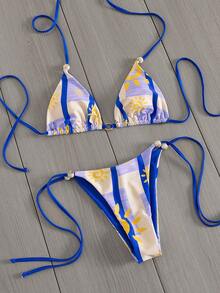 Women's Bohemian Style Sunflower Print Backless Tie-Up Metal Beaded Bikini Set, High Elastic Side Tie-Up Printed Swimsuit, Summer Beach Holiday - Multicolor - View 5