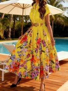 New Women's Clothing Flower Print Round-Neck Waist-Tight Fashion Elegant Button-Up Swing Dress - Yellow - View 1