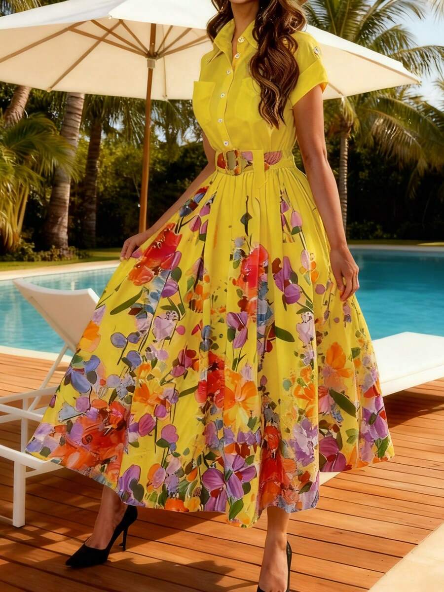 New Women's Clothing Flower Print Round-Neck Waist-Tight Fashion Elegant Button-Up Swing Dress - Yellow - View 1