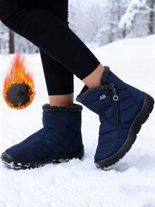 Bottes de neige épaisses et courtes pour femmes, bottes d'hiver chaudes et moelleuses à bout rond, grande taille, avec fermeture éclair latérale, bottes noires pour l'extérieur, tailles 36-44 - Bleu azur - Voir 2