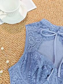 EZNV 1pc Lace Patchwork Fishbone Corset Top, Waist Cincher Bustier - Dusty Blue - View 3