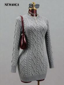 优雅女士麻花罗纹针织毛衣连衣裙，长袖短款针织衫套装，高弹力，适合冬季派对穿着 - 灰色 - 查看 4