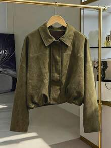 Women's Fashion Jacket, Christmas, Loose Suede Bomber Jacket With Pockets, Suitable For Autumn/Winter, Thanksgiving Attire - Olive Green - View 1