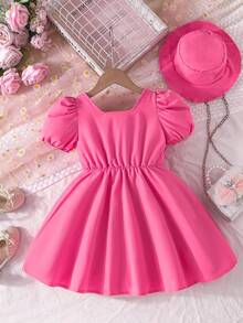 Summer Girls Cute Sweet Square Neck Puff Sleeve Dress With Hat - Hot Pink - View 2