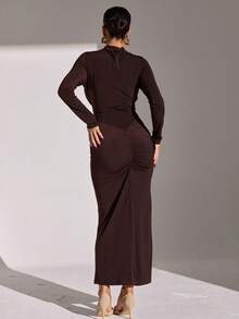 Chic Long Sleeve Bodycon Dress For Women Featuring Stand Collar Cut Out And Ruched Slit Hem Design - Brown - View 4