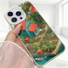 Cubierta de telefono con diseño de paisaje urbano verde y casas coloridas para iPhone 14 Pro Max en tonos verdes y rojos ideal para uso diario en cafeterias y espacios urbanos - Negro - Ver 5