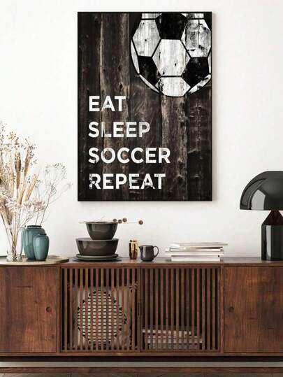 1幅无框帆布海报，“吃、睡、足球、循环往复”主题墙贴，足球运动绘画，家居装饰画，送给足球爱好者的礼物，适合客厅、卧室、办公室墙面装饰。