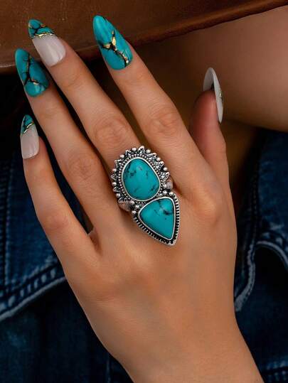 1枚蓝色绿松石粗戒，女士款，复古波西米亚风西部风格康乔戒指首饰