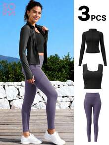 Soyun 女士秋冬三件套瑜伽服网眼侧袋修身高弹力运动休闲日常健身房 - 彩色 - 查看 10